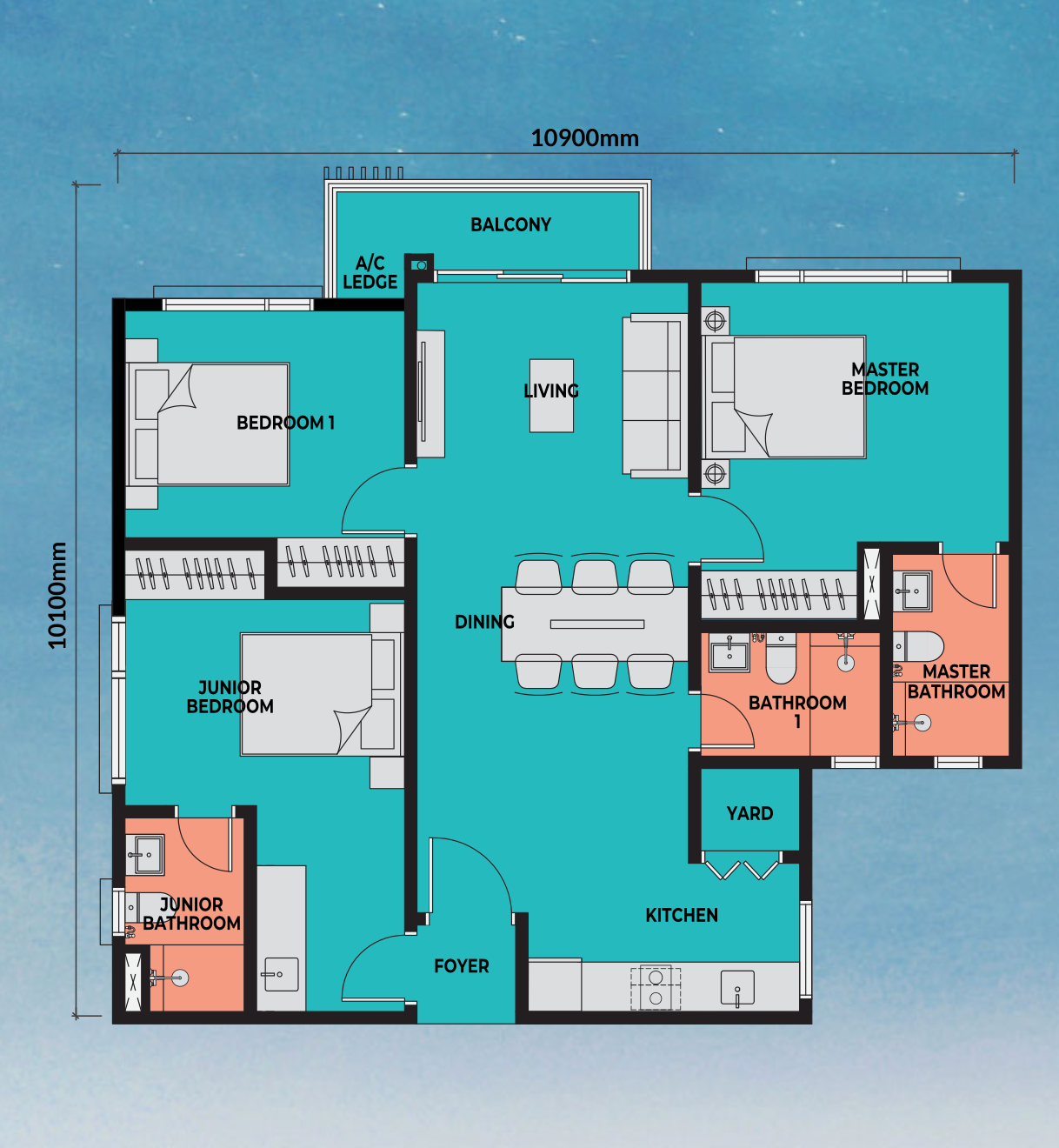 Sea Crestz Type C | 1012 sq.ft floor plan, Kuantan Waterfront Resort City